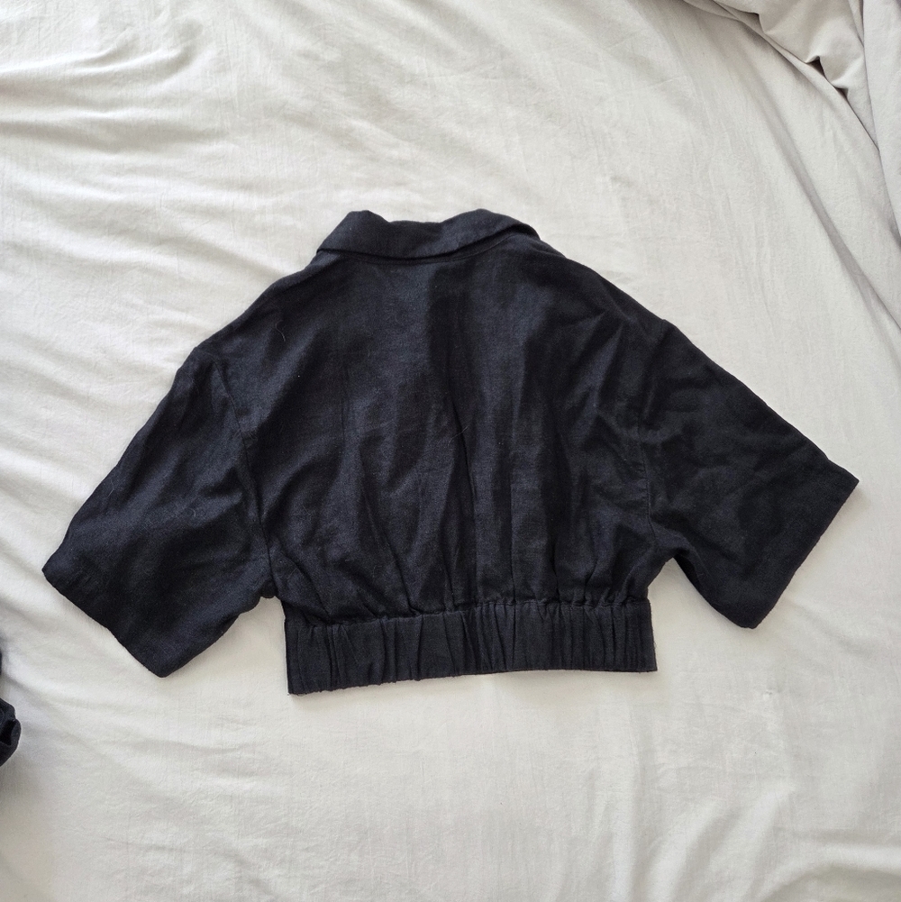 Abercrombie & Fitch Crop Wrap Collared Linen Blend Top in Black Size XXS - Picture 4 of 5